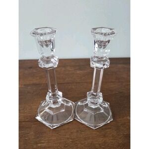 Vintage Pair 24% Lead Crystal Candlesticks Art Deco Design 6 Sided Pillar & Base
